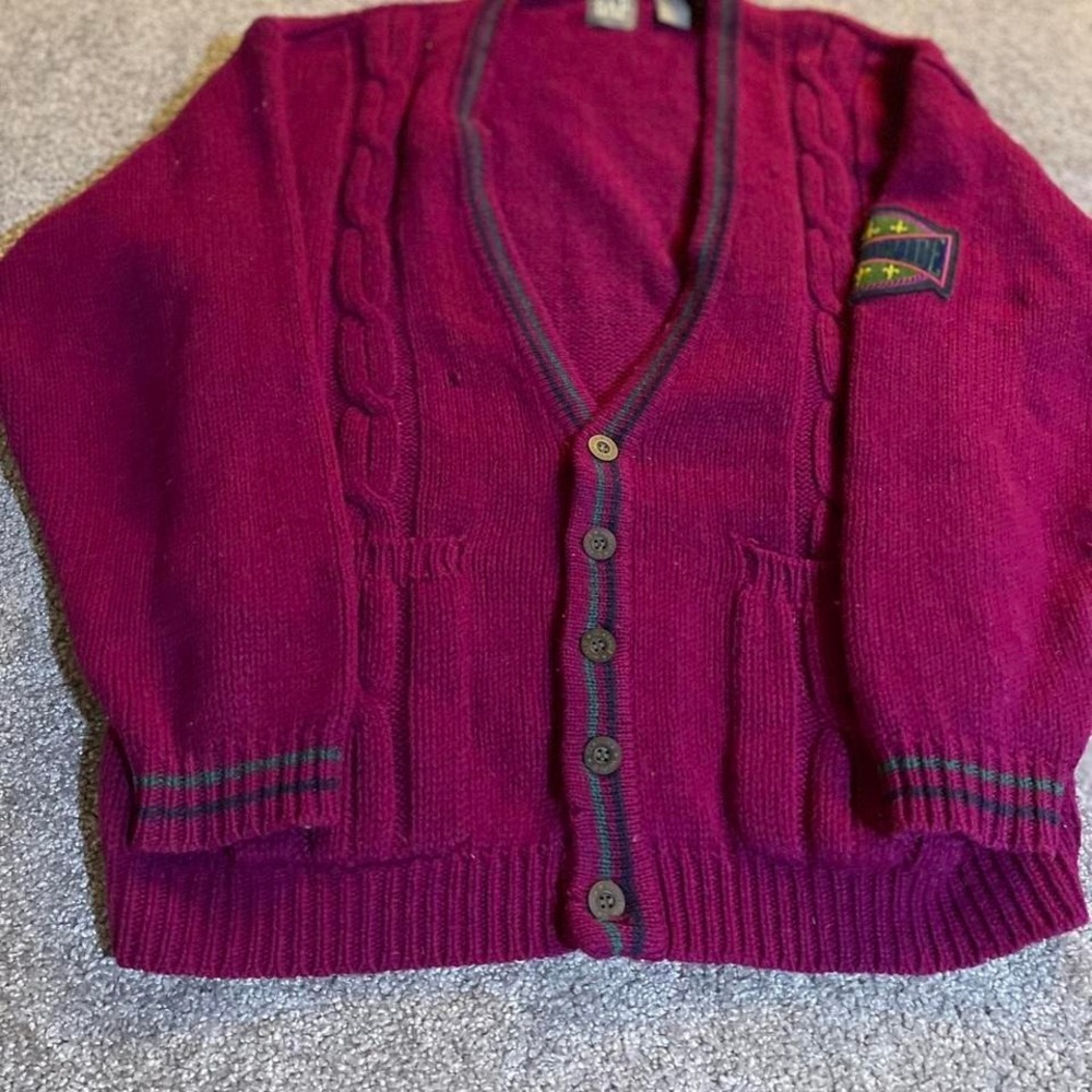 Vintage Gap Mens Burgundy 100% Shetland Wool Cable Knit Cardigan Sweater Medium